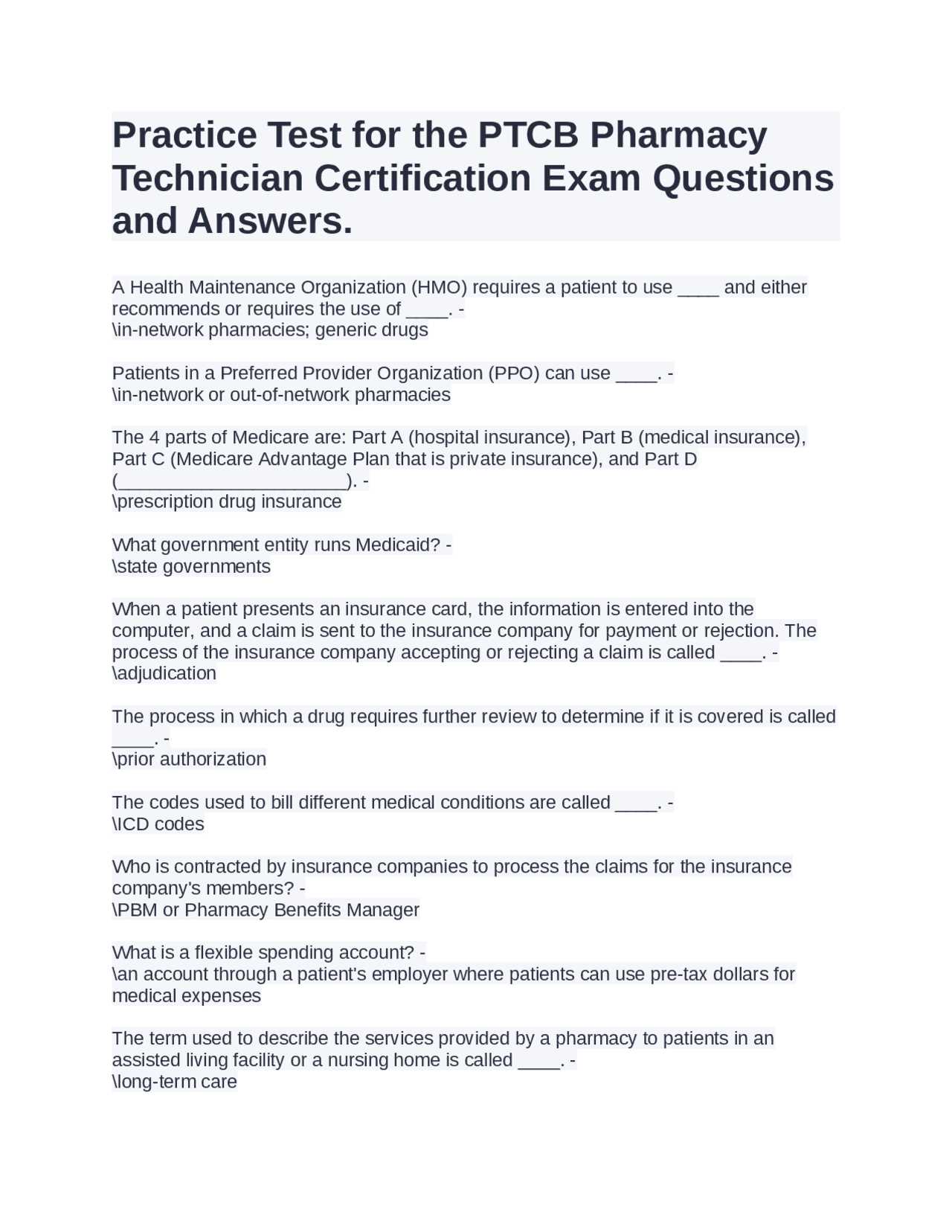 pharmacy technician final exam answers