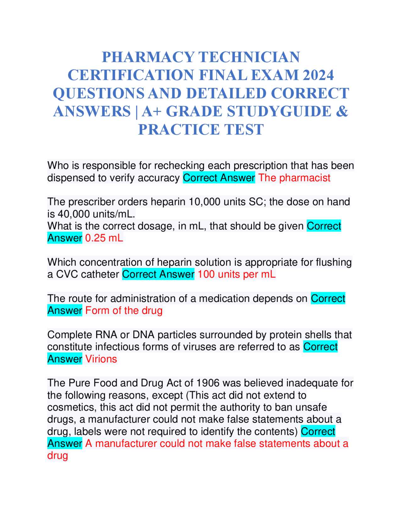 pharmacy technician final exam answers