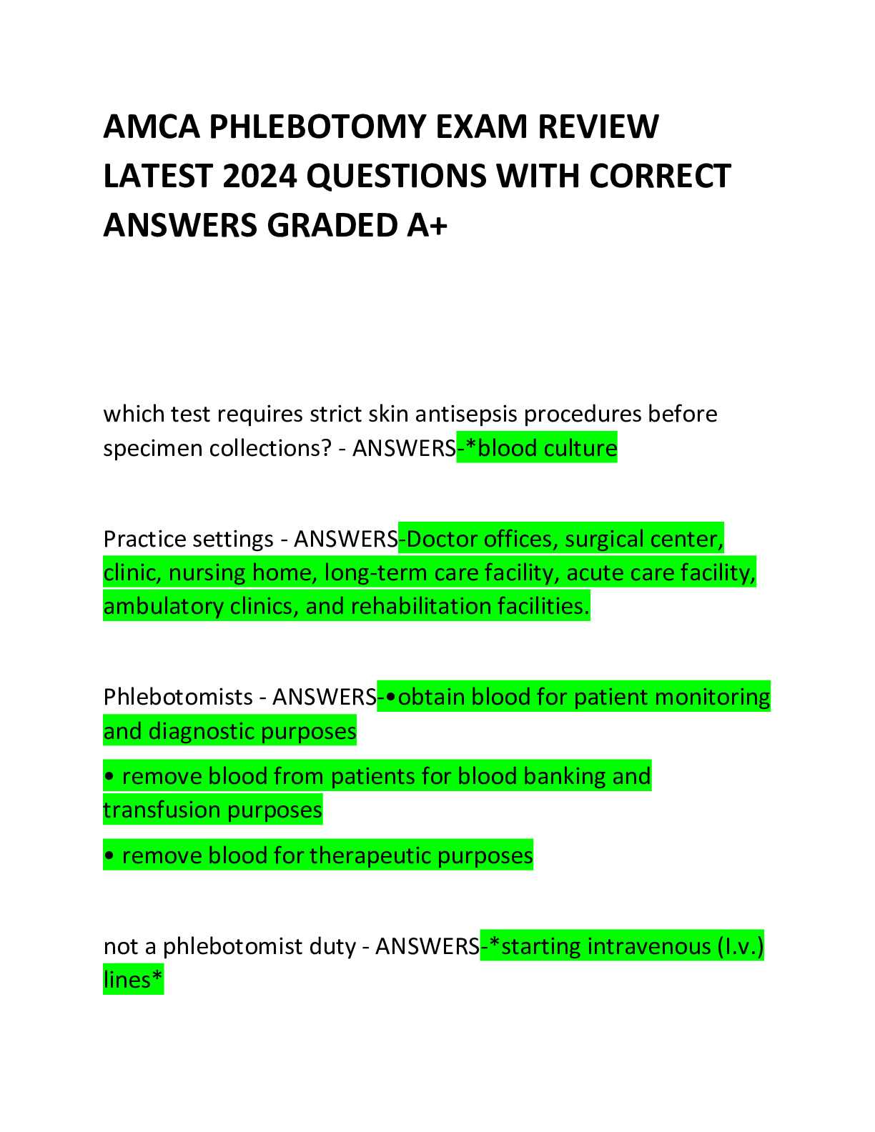 phlebotomist exam questions and answers