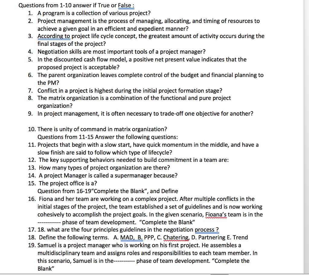 project management final exam questions answers