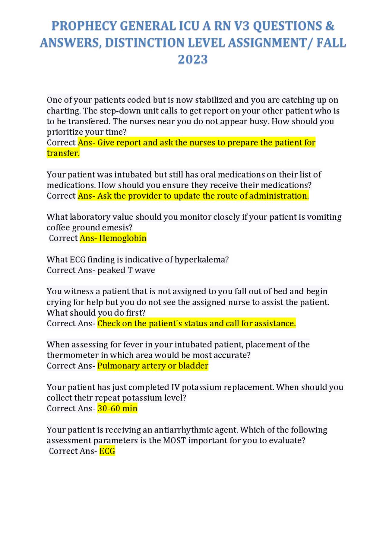 prophecy medical surgical telemetry exam a v1 answers