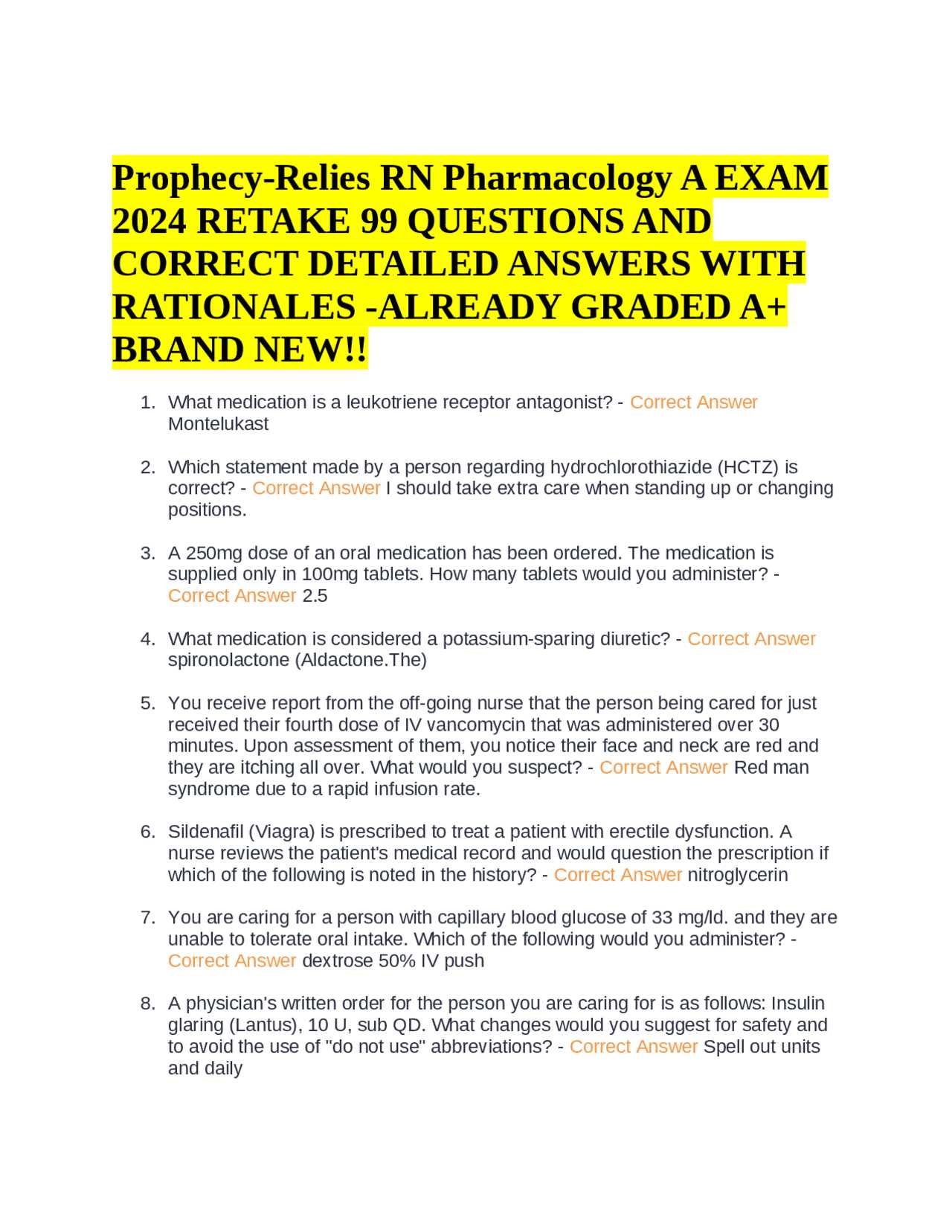 prophecy rn pharmacology exam a answers