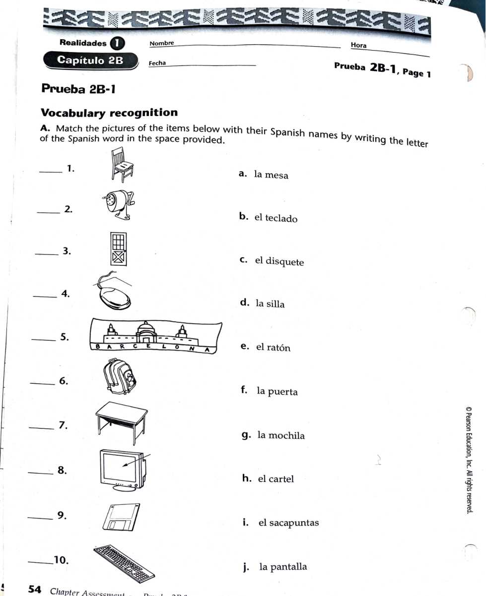 realidades 2 examen del capitulo 1a answers