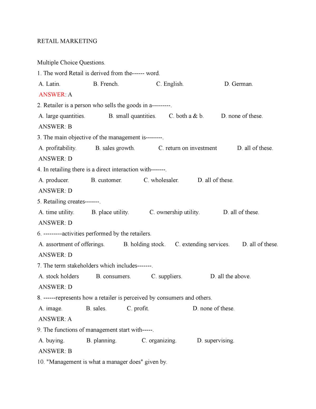 retail exam questions and answers