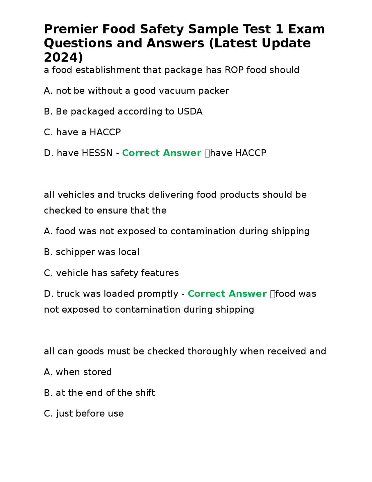 safer food handler exam answers