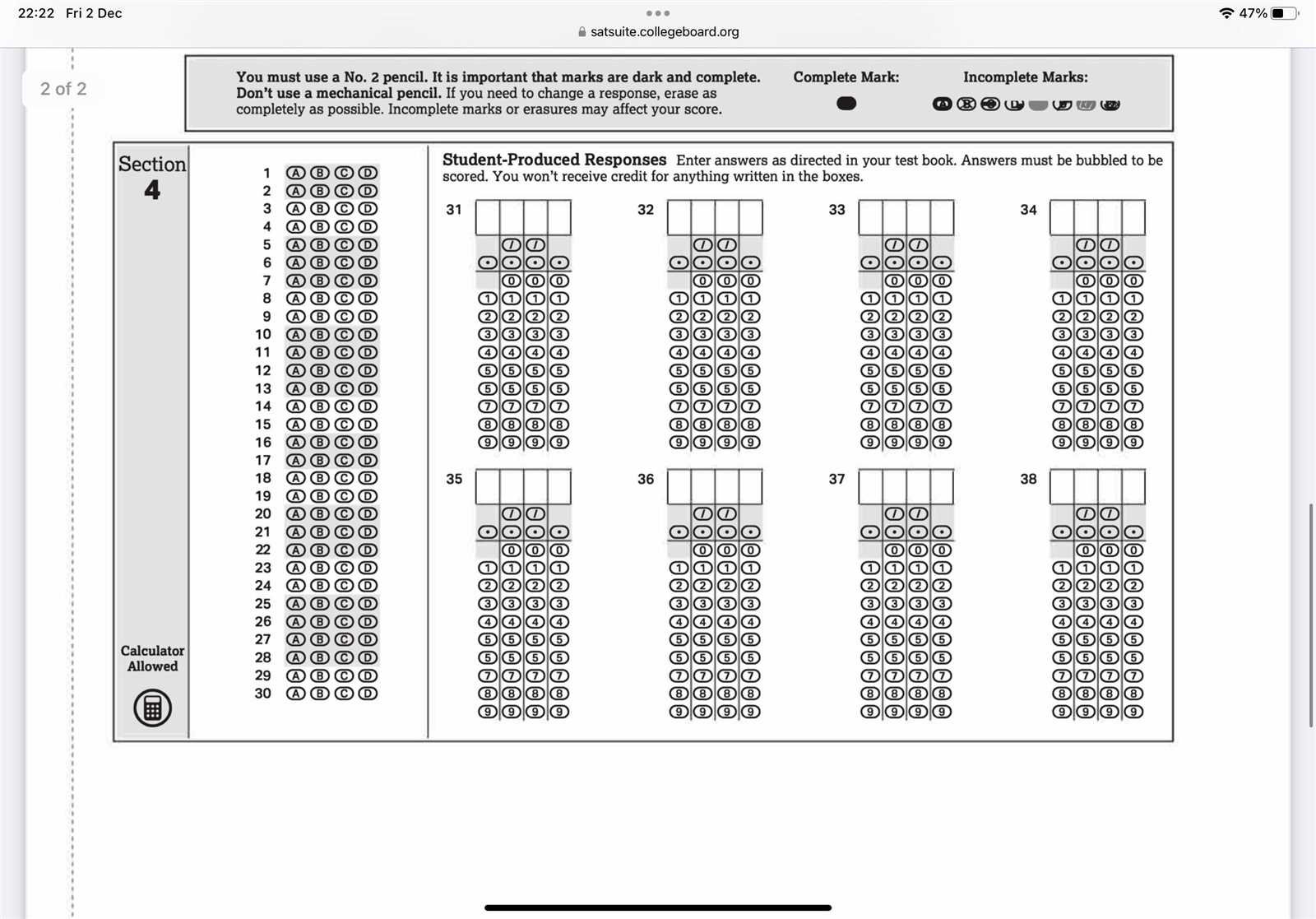 sat practice answer sheet