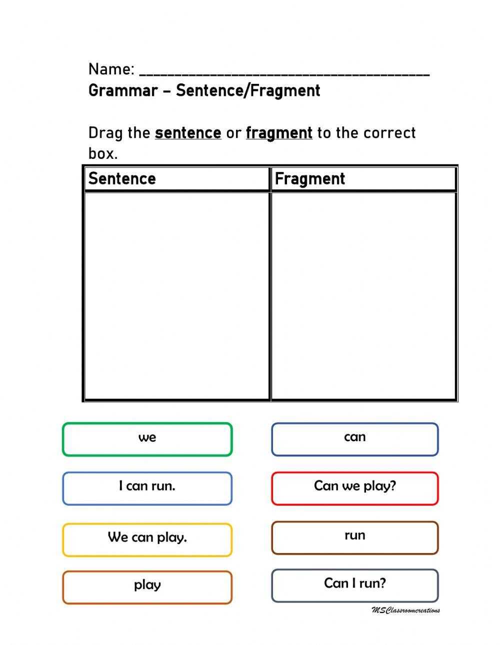 sentence fragments worksheet answers