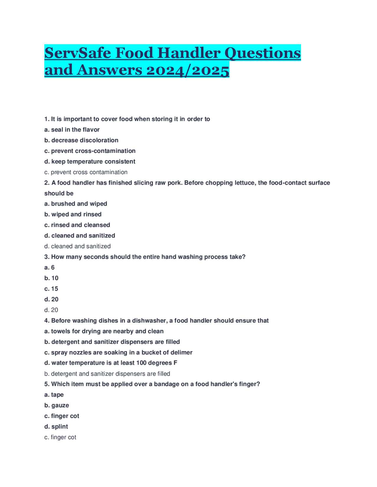 servsafe food handlers exam answers