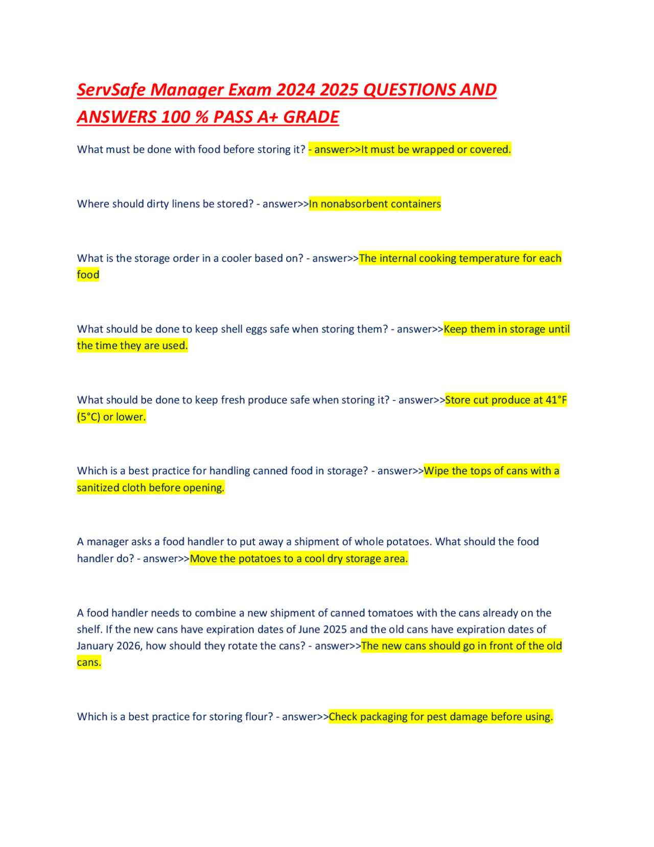 servsafe manager final exam answers