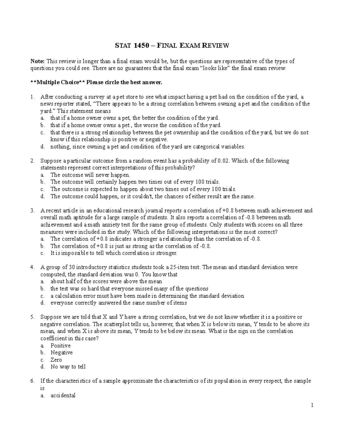 statistics final exam review with answers