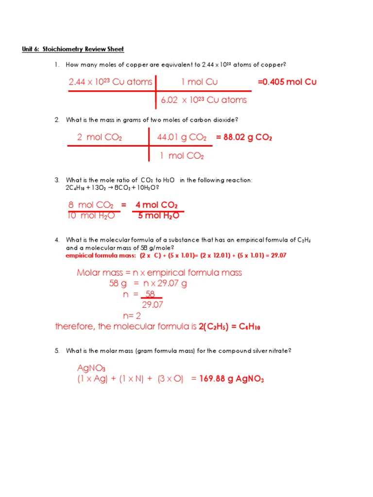 stoichiometry test answer key