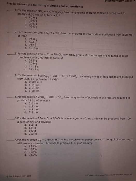 stoichiometry test answer key