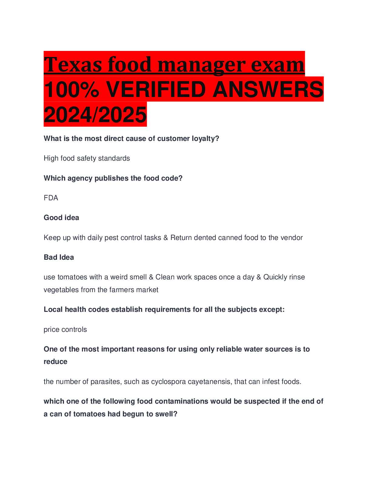 texas food safety manager certification test answers