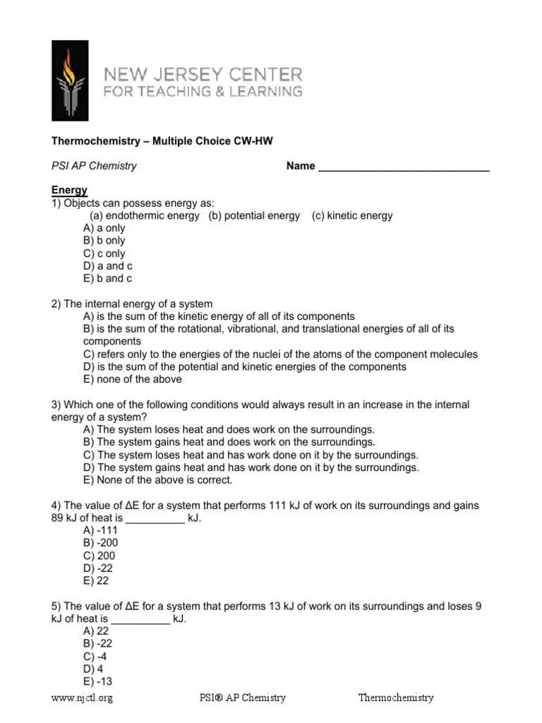 thermochemistry exam questions answers