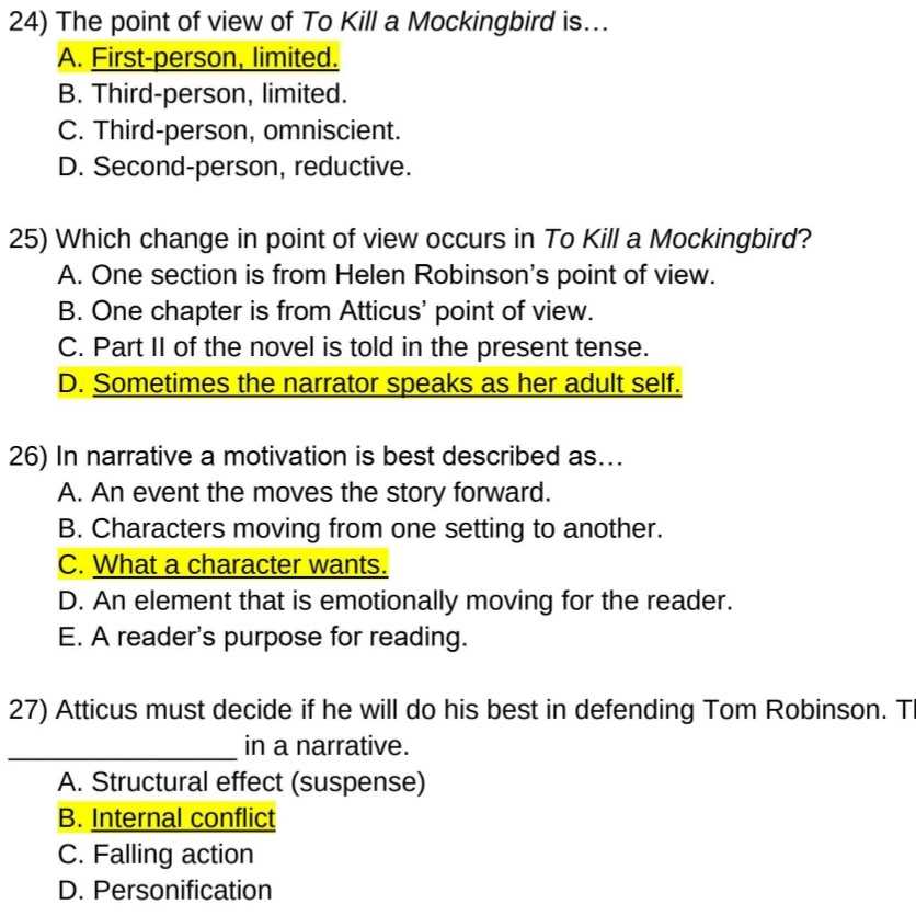 to kill a mockingbird final exam study questions answers