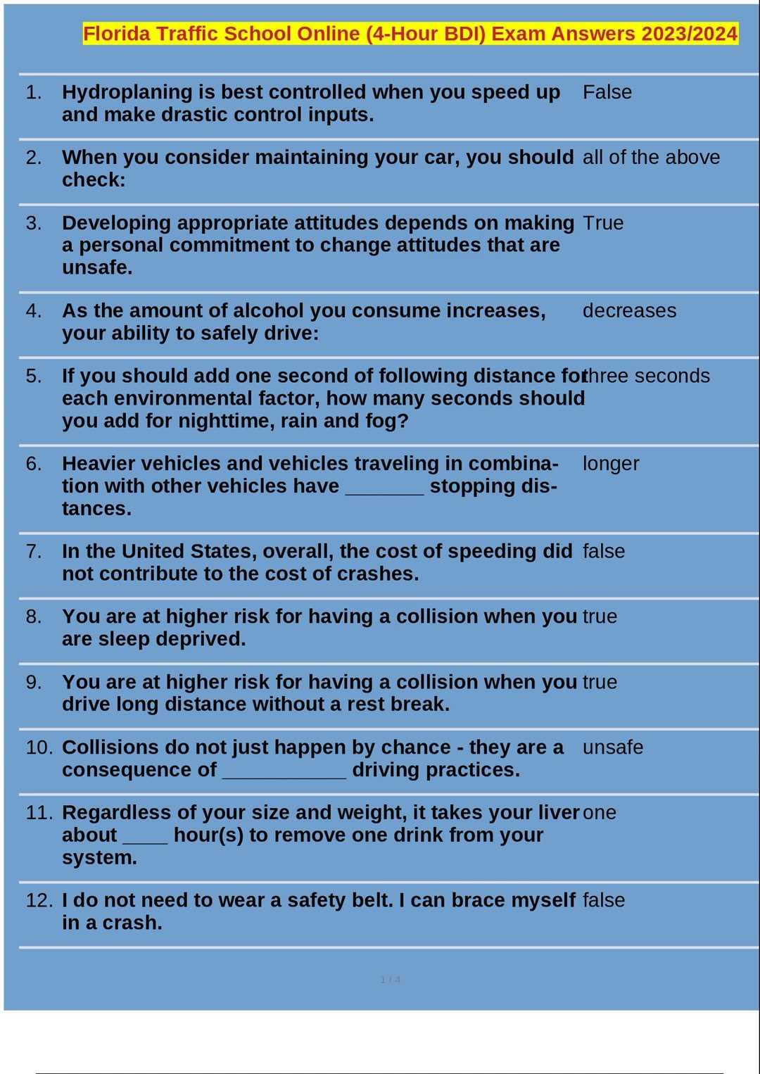 traffic school exam answers california