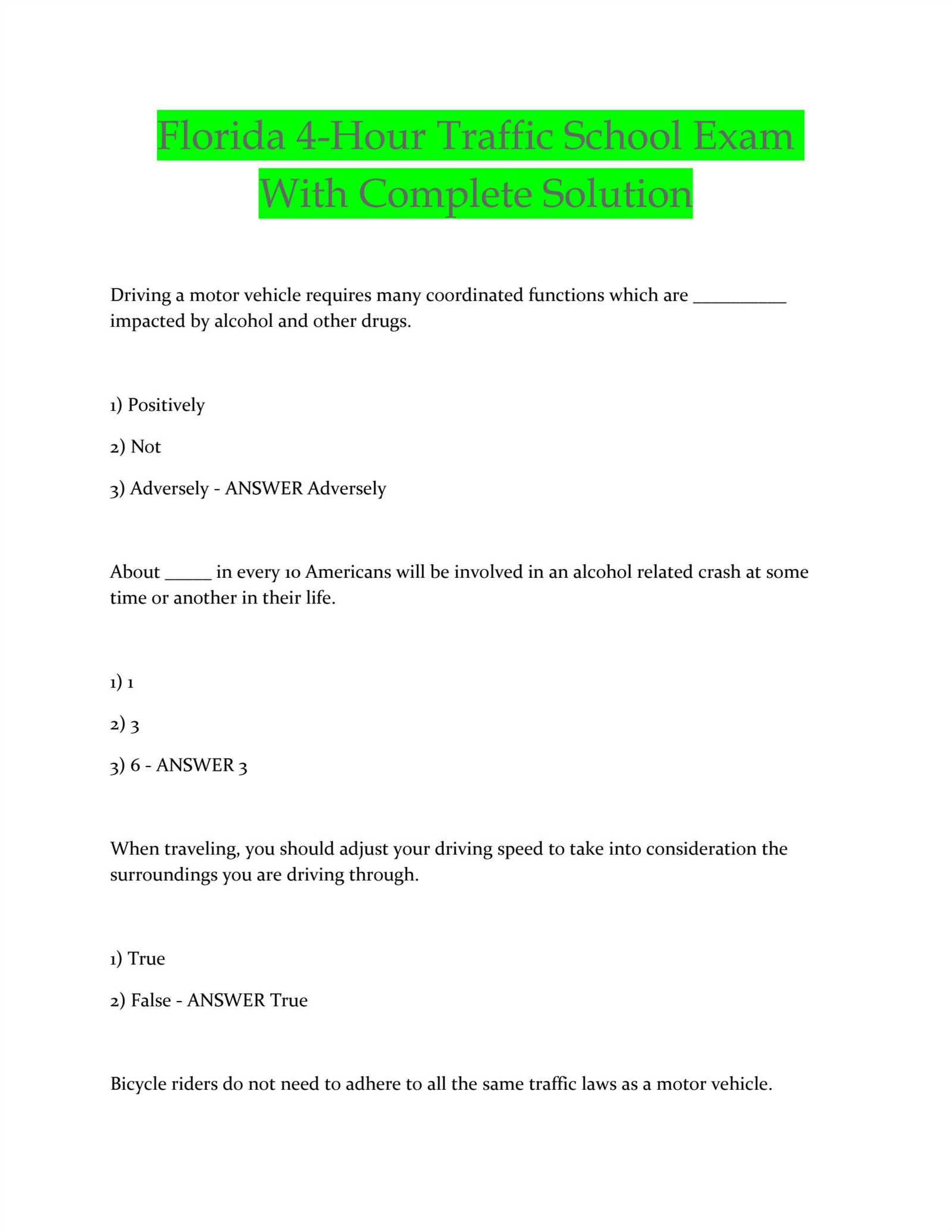 traffic school exam answers california