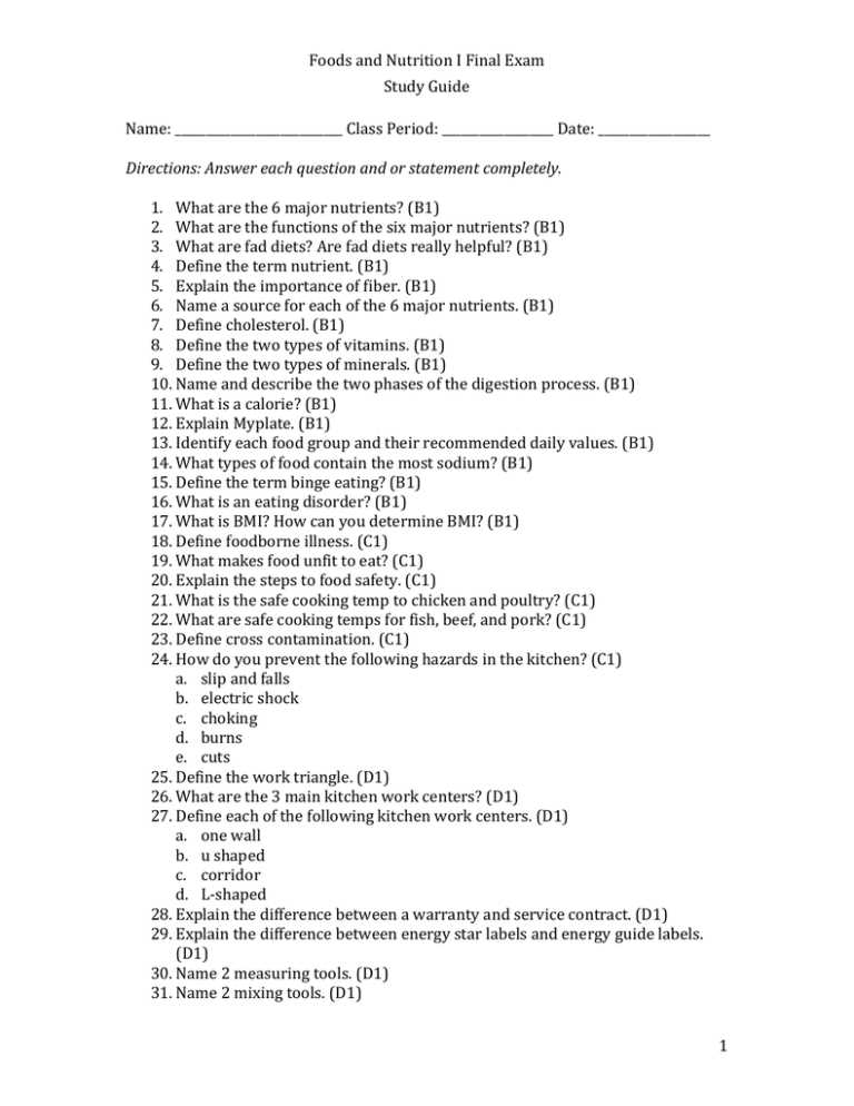 nutrition final exam study guide