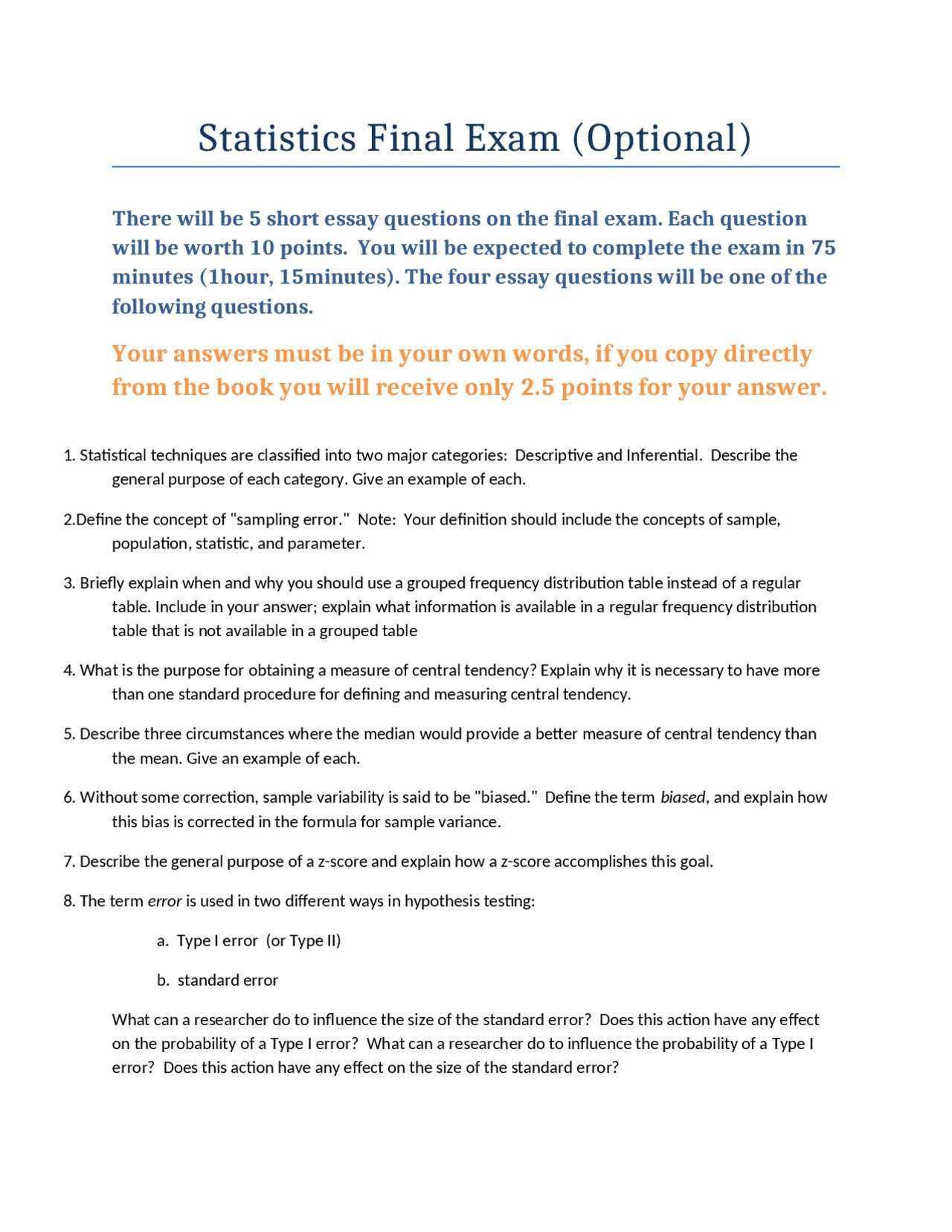 sample statistics exam with answers