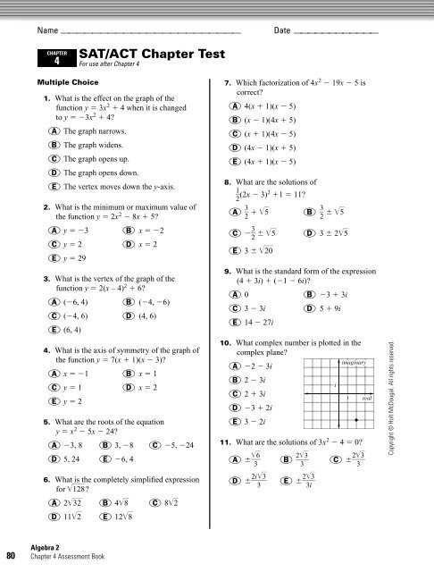 algebra 2 chapter 4 review answers