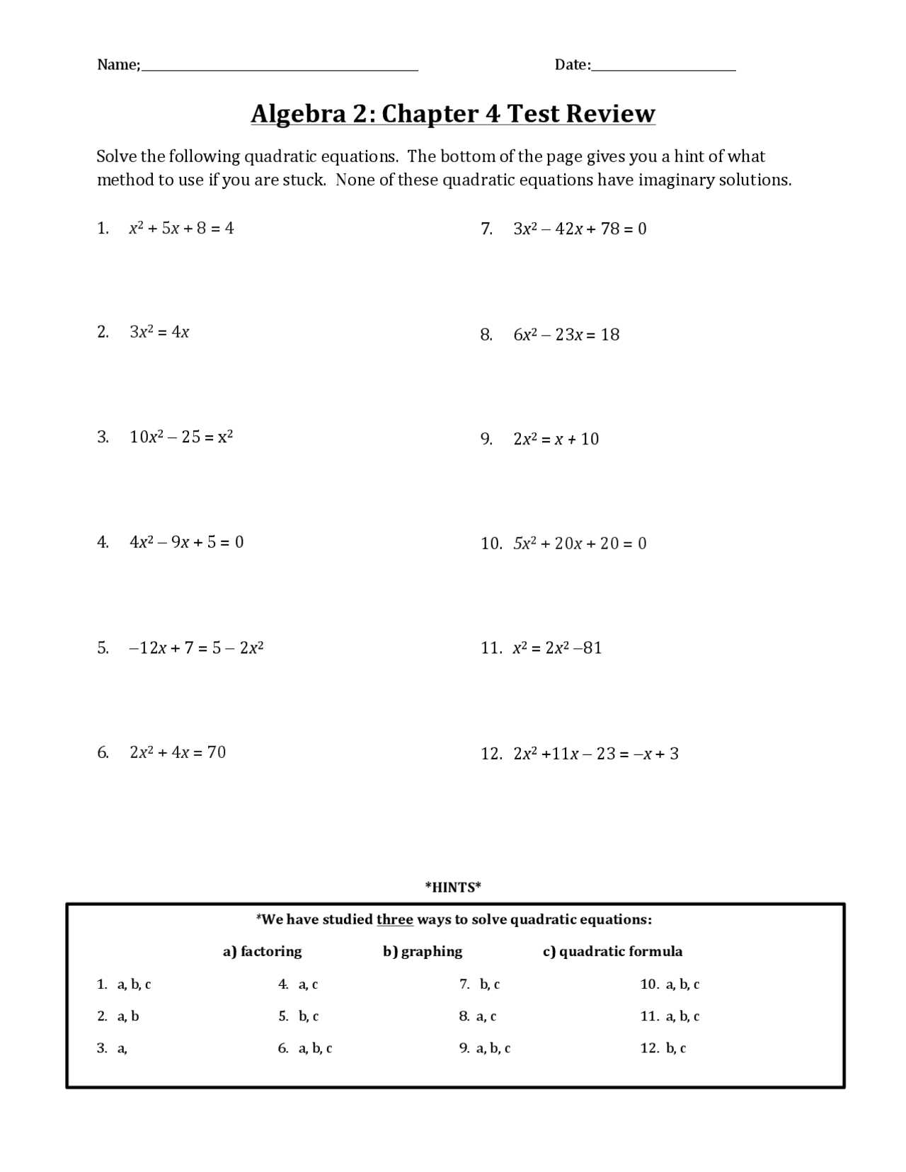 algebra 2 chapter 4 review answers