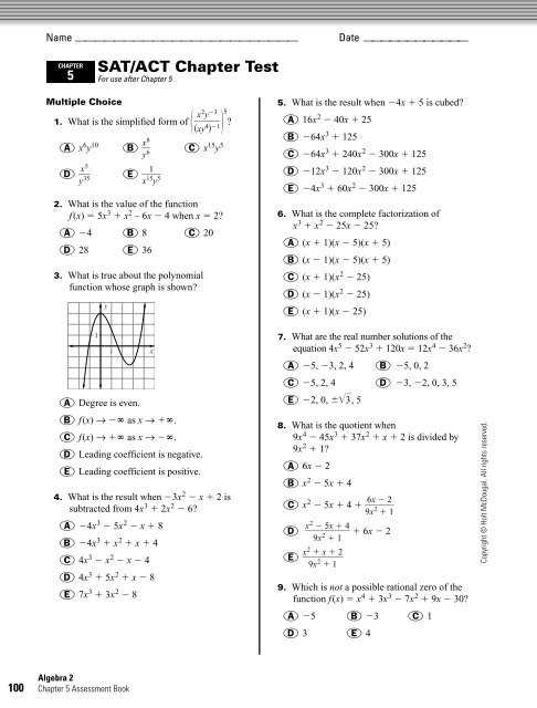 algebra 2 chapter 5 review answers