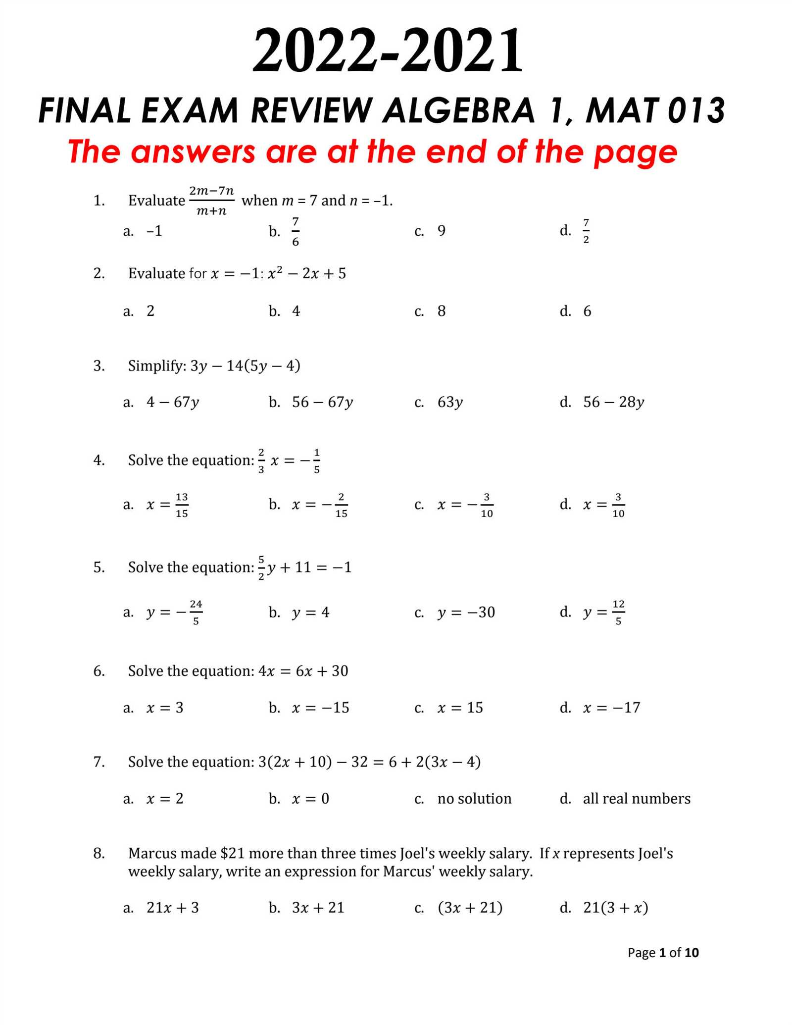 algebra 2 semester 1 exam review answers