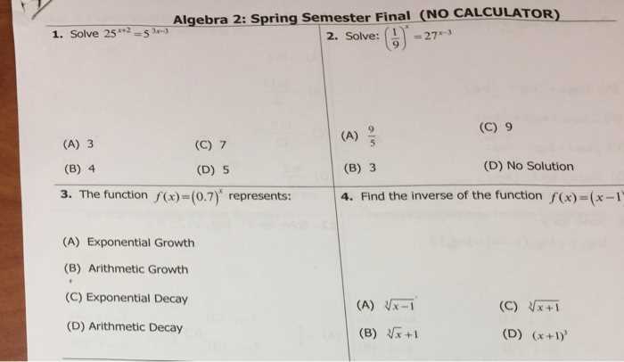 algebra 2 semester 2 final exam