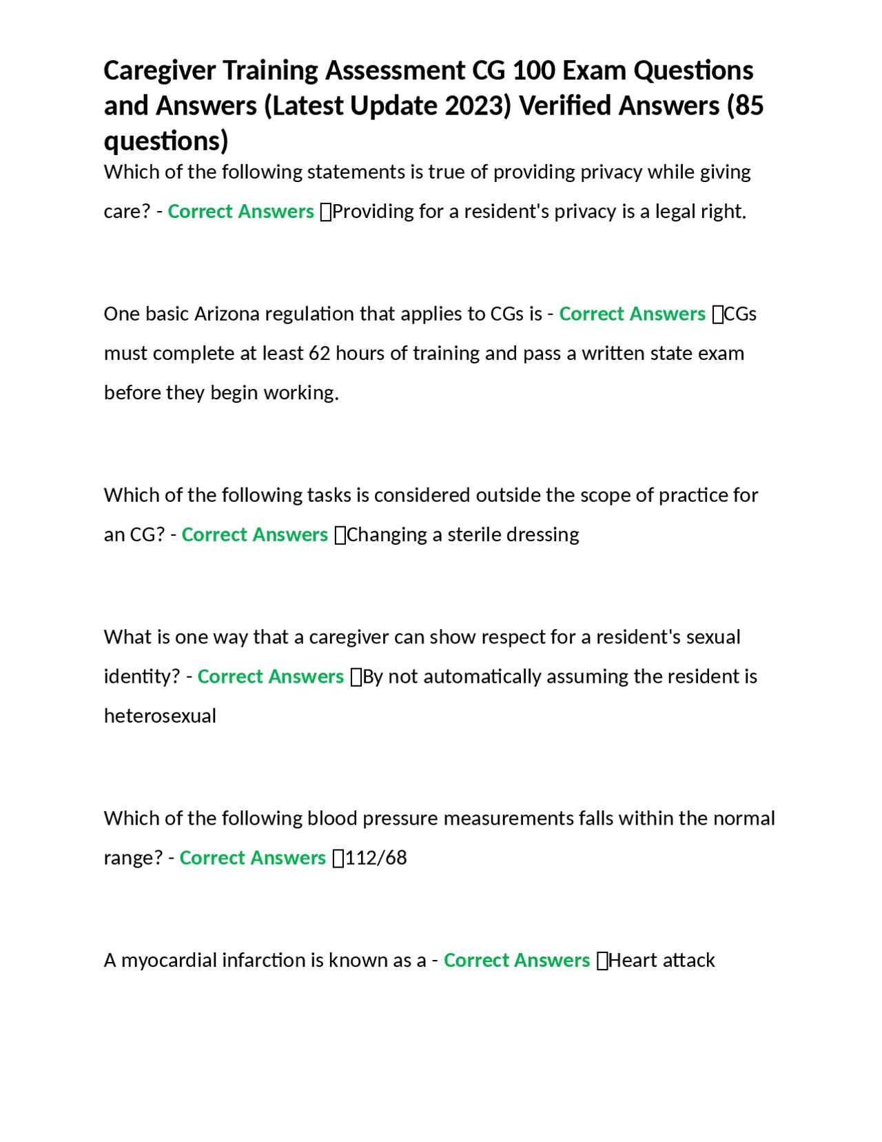 american caregiver association exam answers