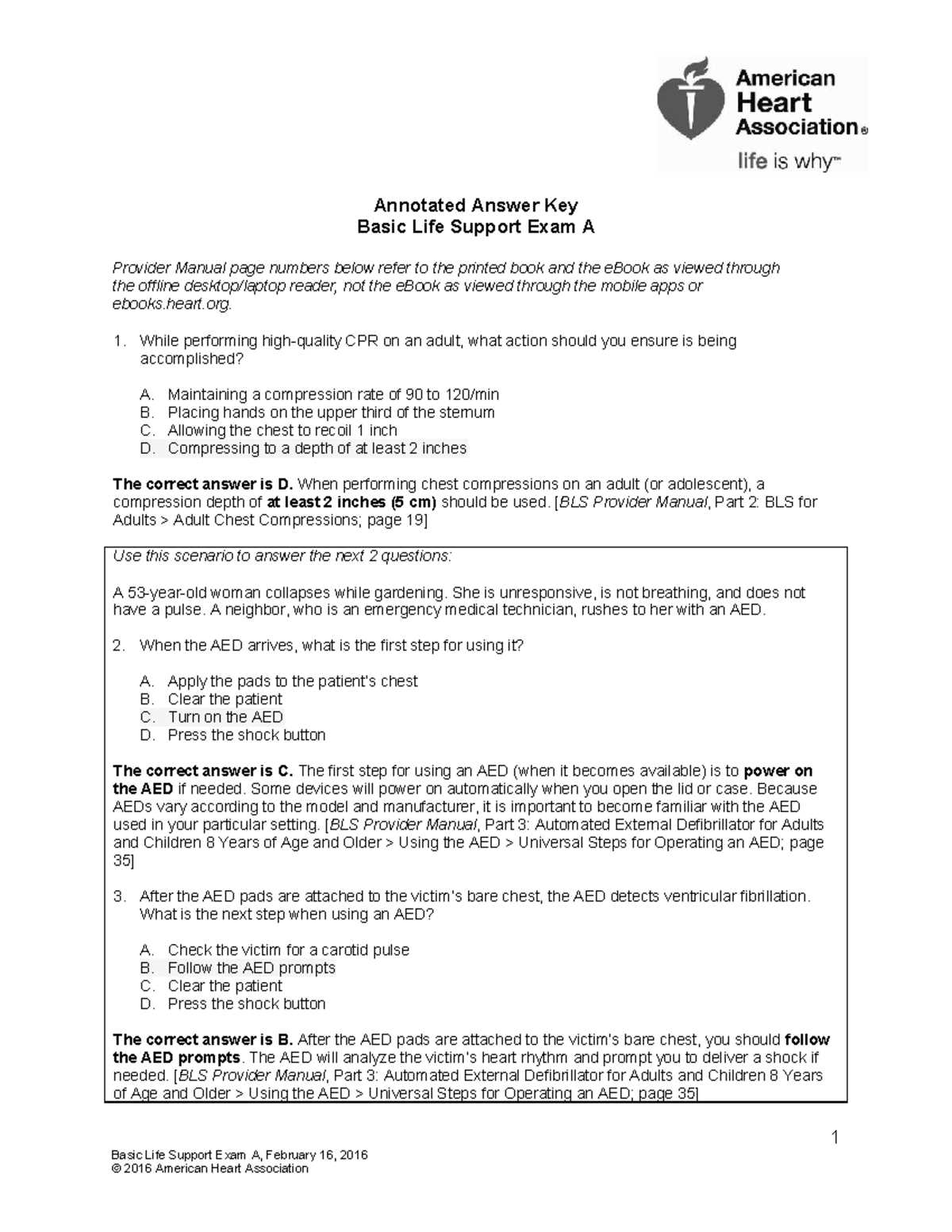 american heart association basic life support exam a answer key