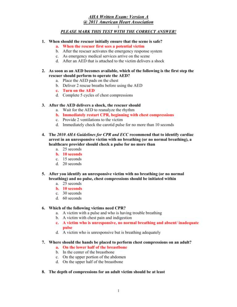 american heart association basic life support exam a answer key