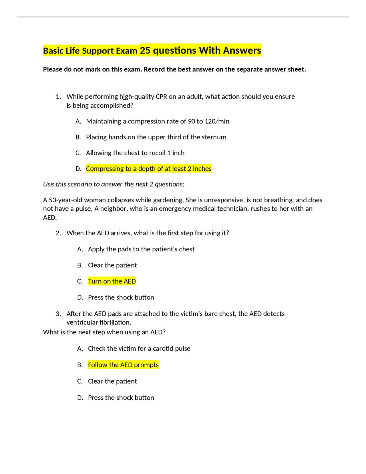 american heart association basic life support exam b answer key