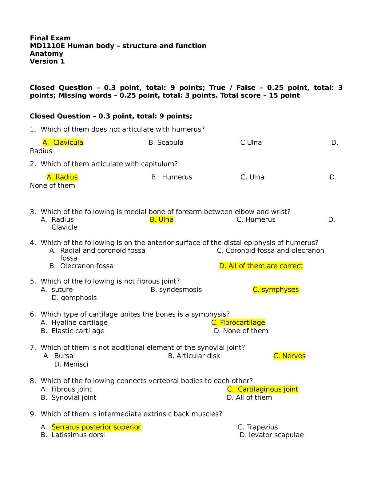 anatomy and physiology 1 final exam answer key