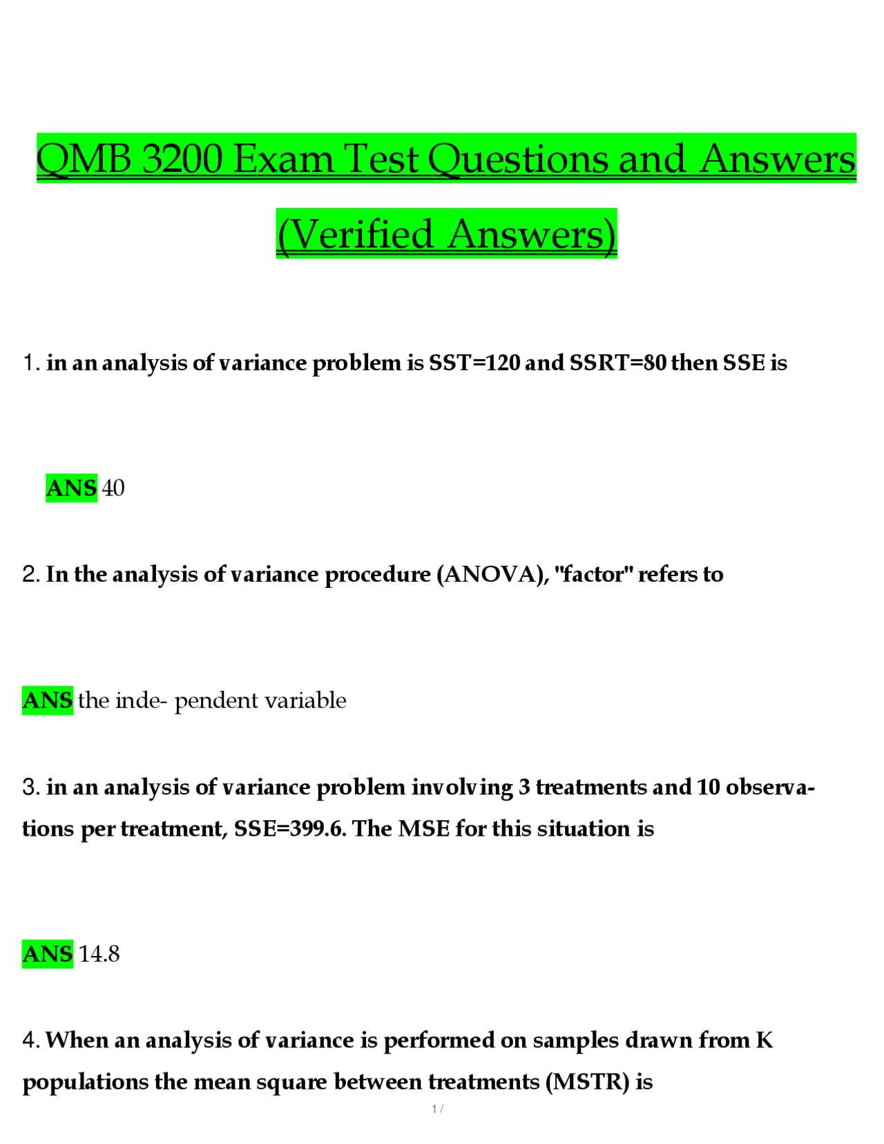 anova exam questions and answers