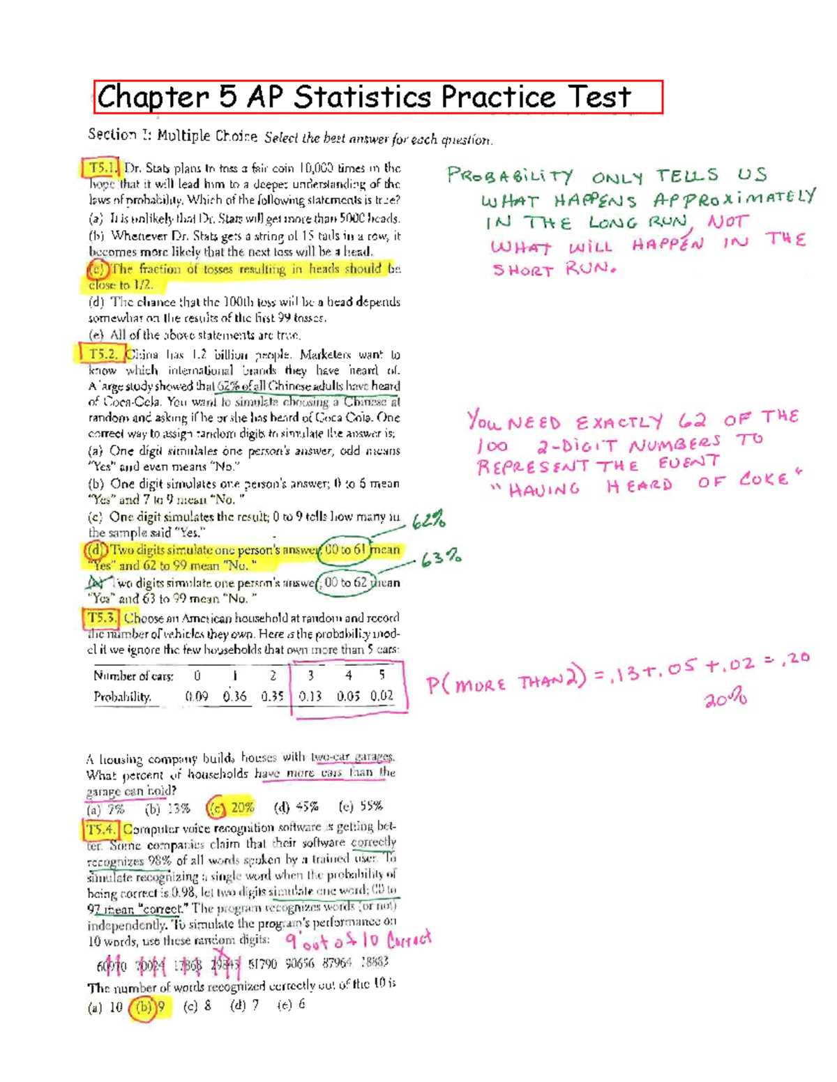 ap statistics chapter 5a test answer key