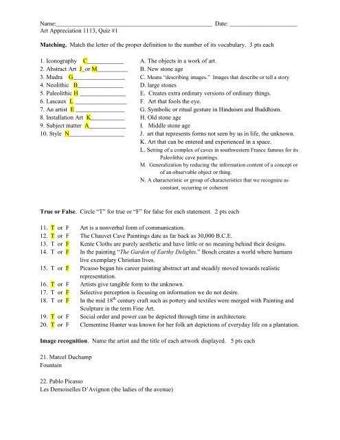 art 1 semester final exam answers