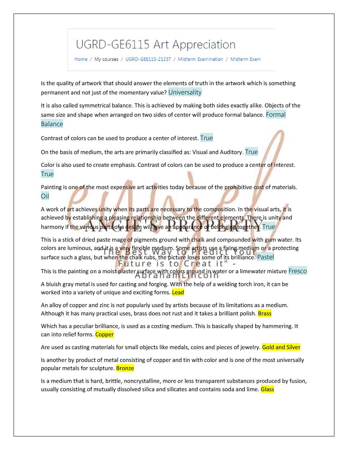 art appreciation midterm exam answer key