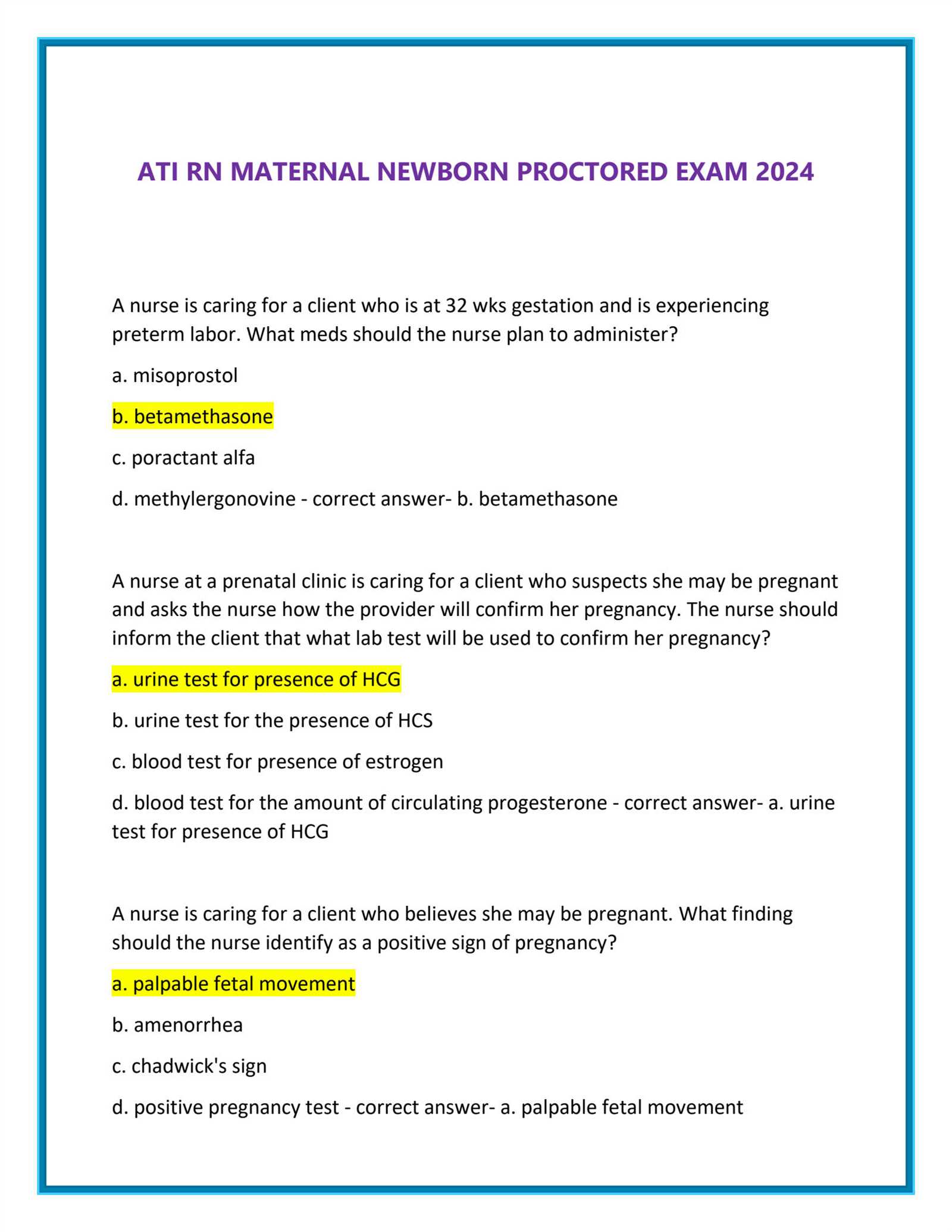 ati maternal newborn proctored exam answers