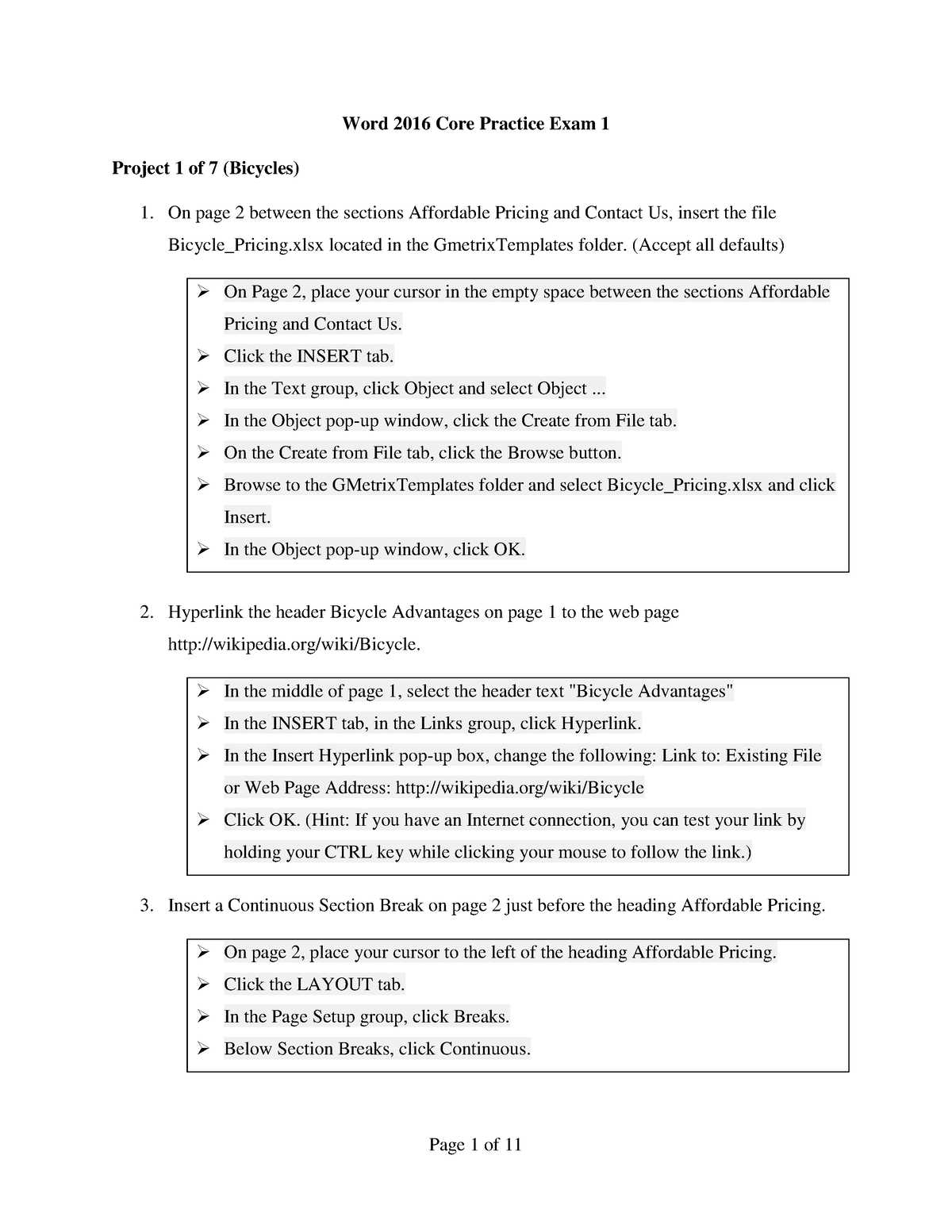 gmetrix word 2016 core practice exam 2 testing answers