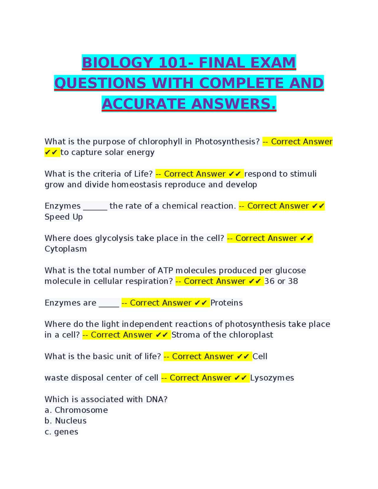 biology 101 final exam answers