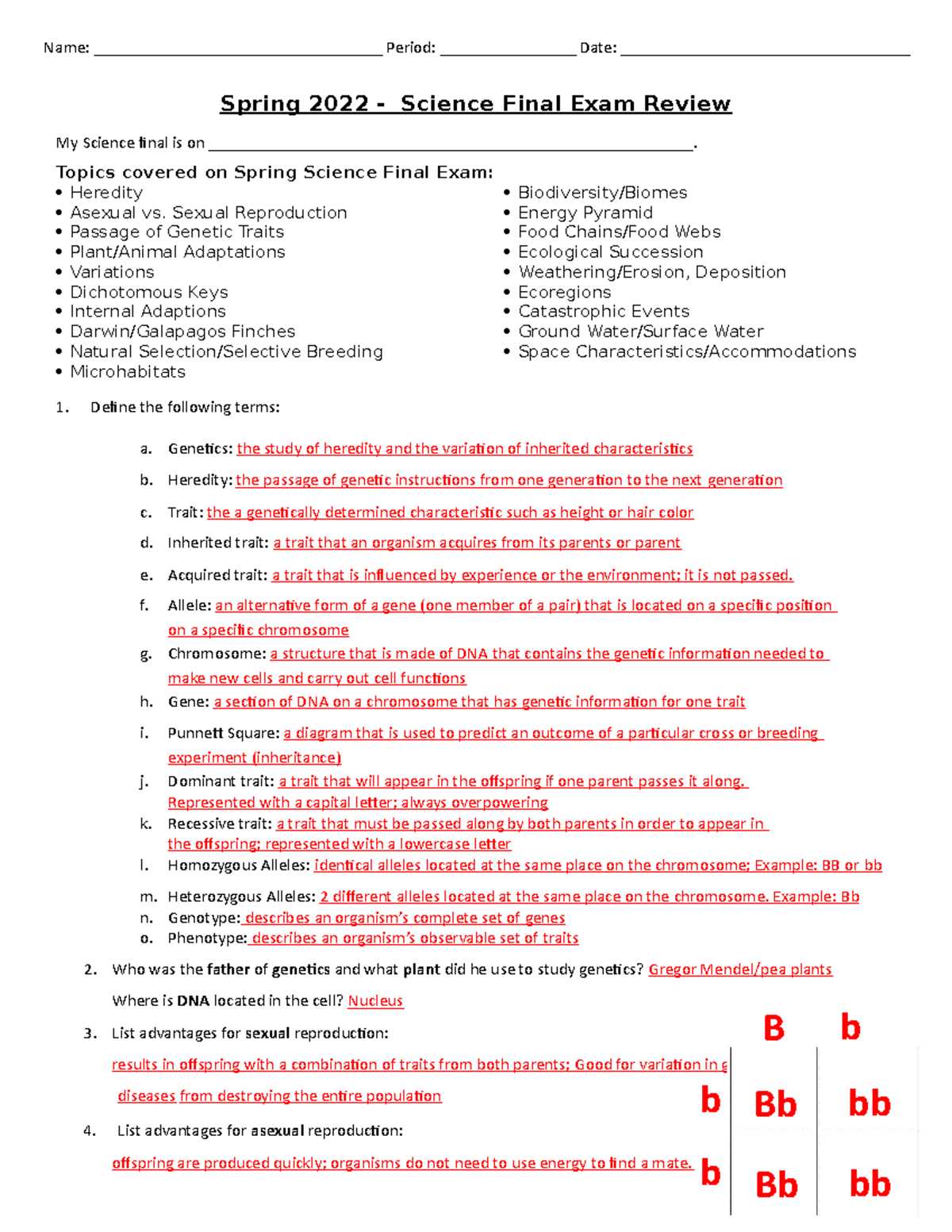 biology second semester final exam answers