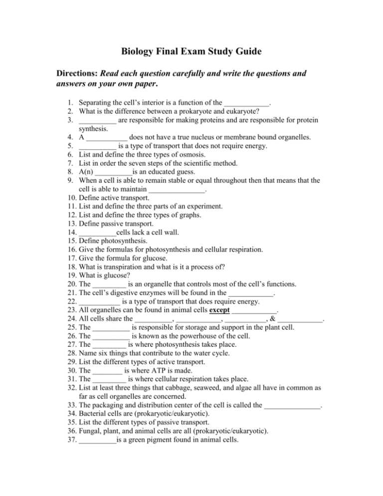 biology spring final exam review answers