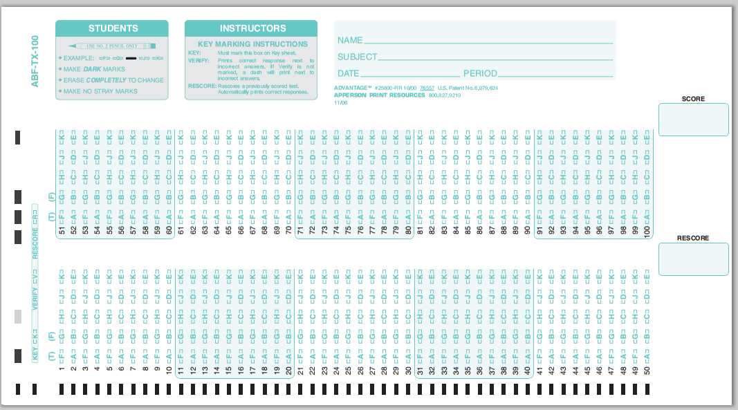 final exam answer sheet