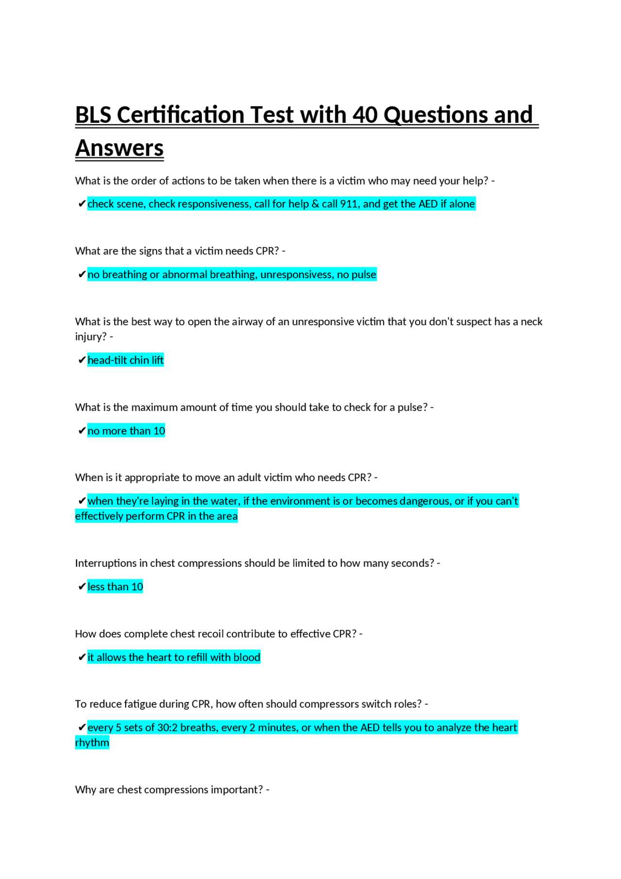 bls certification test answers