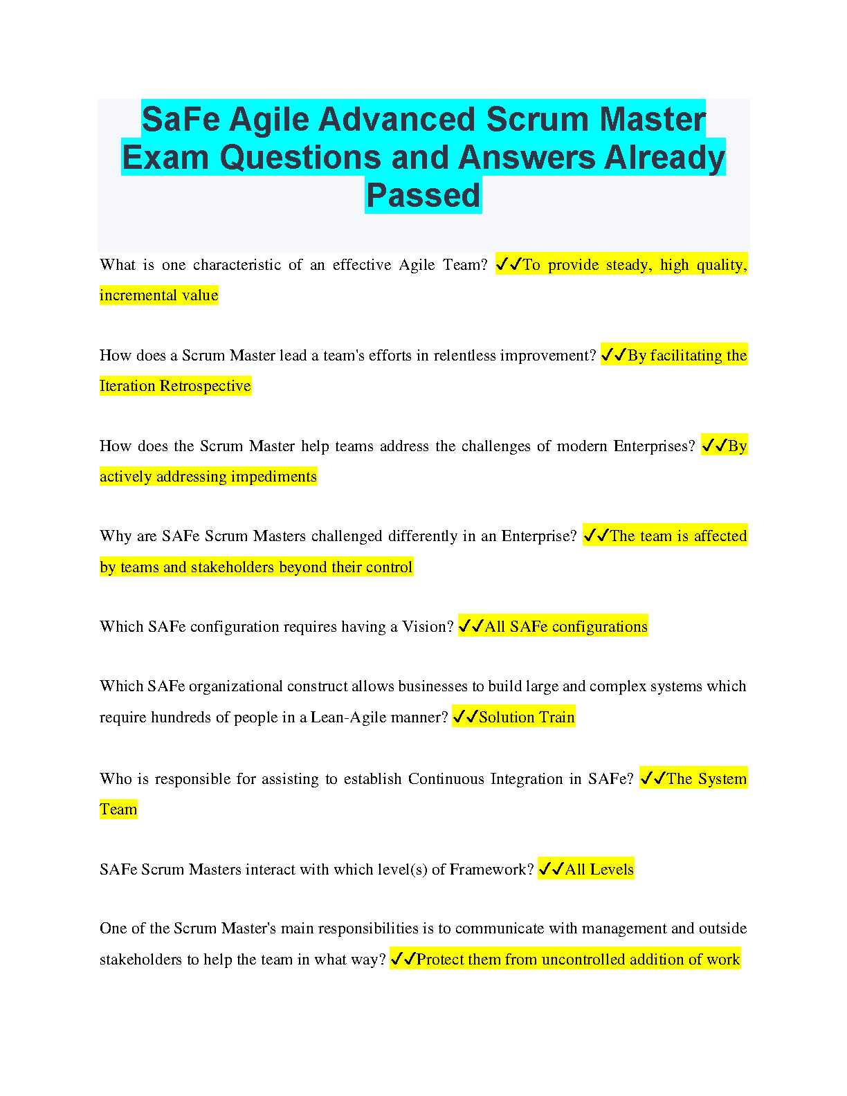 safe 5.0 advanced scrum master exam questions and answers