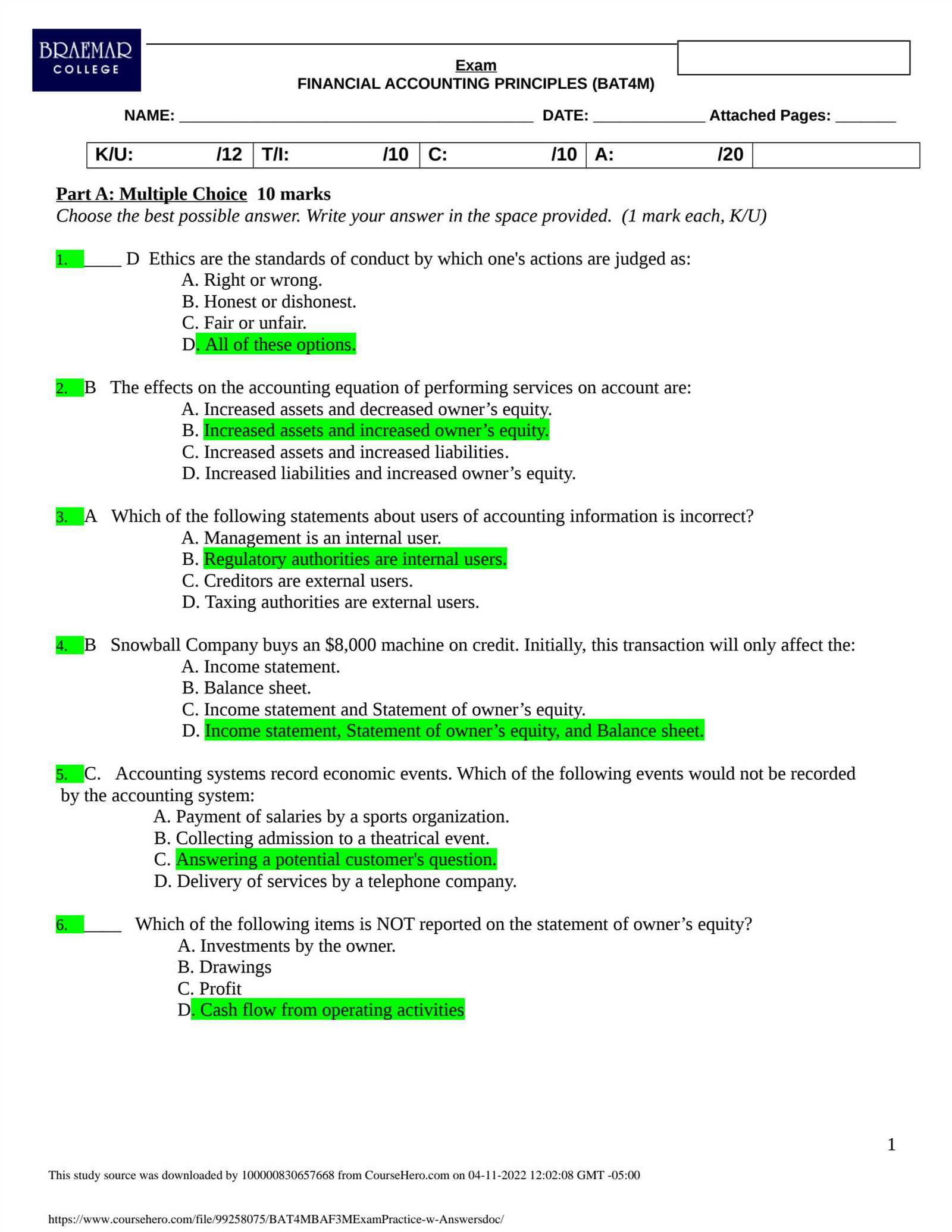 bqa final exam answers