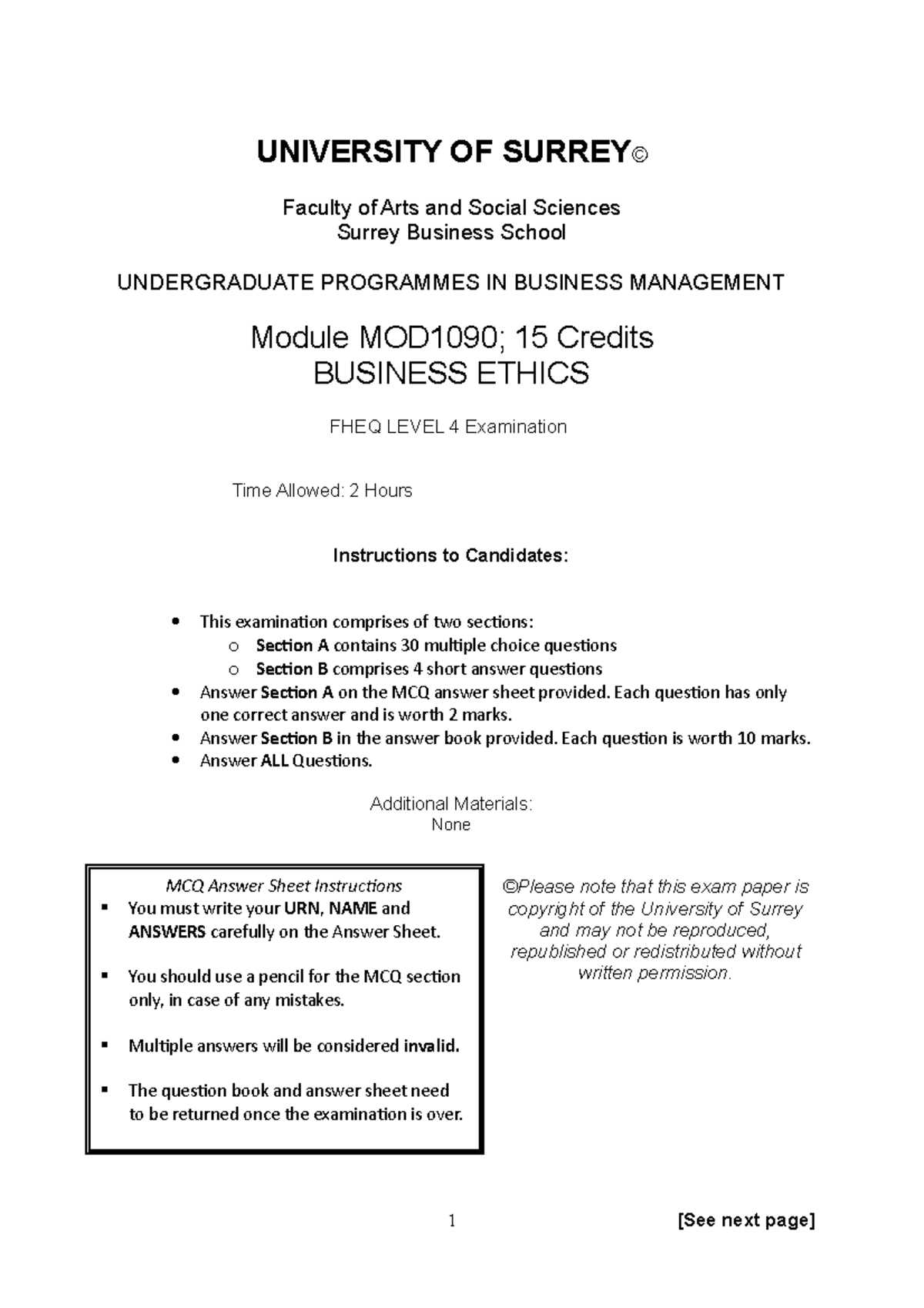 business ethics final exam questions and answers