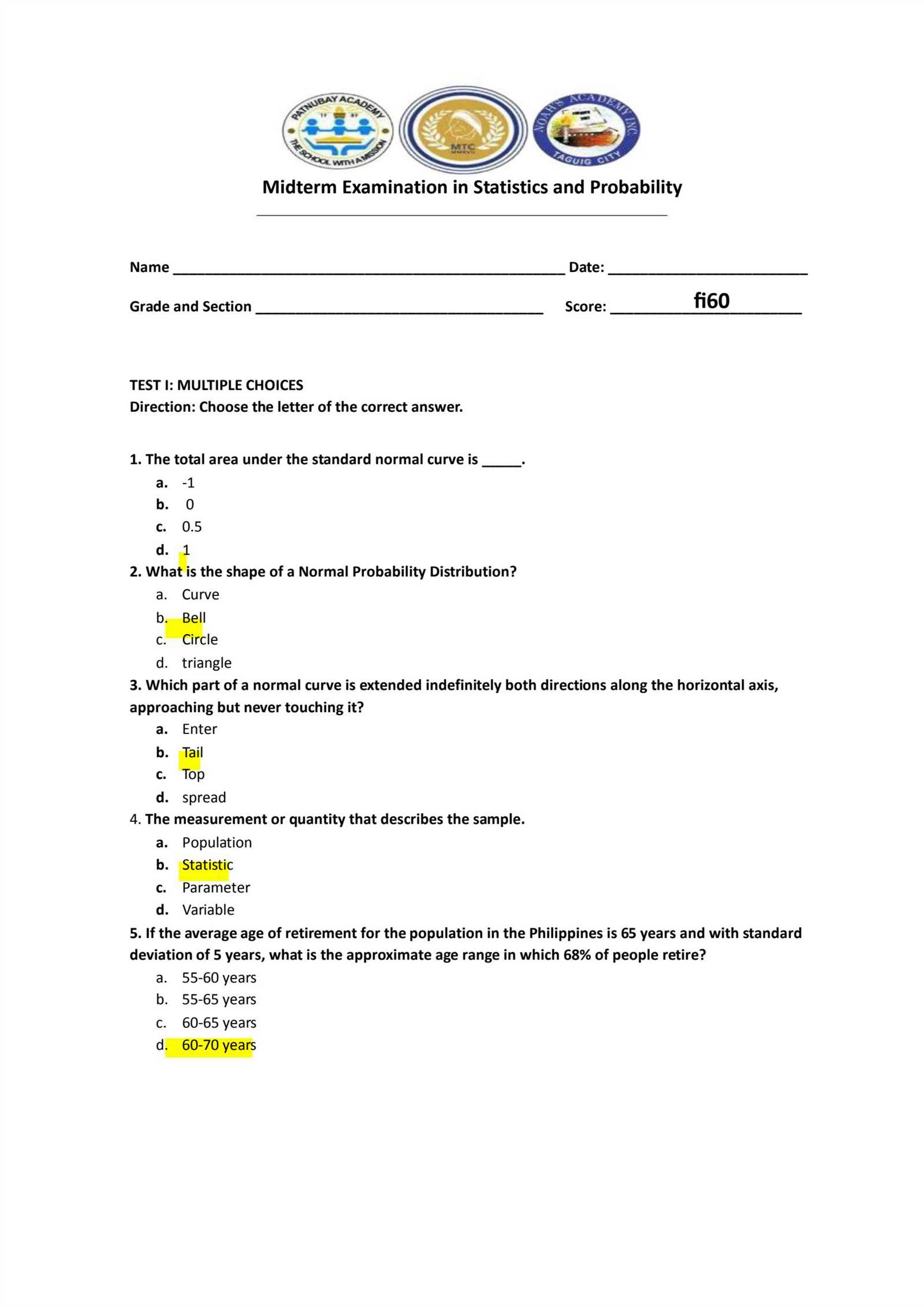 business statistics midterm exam answers