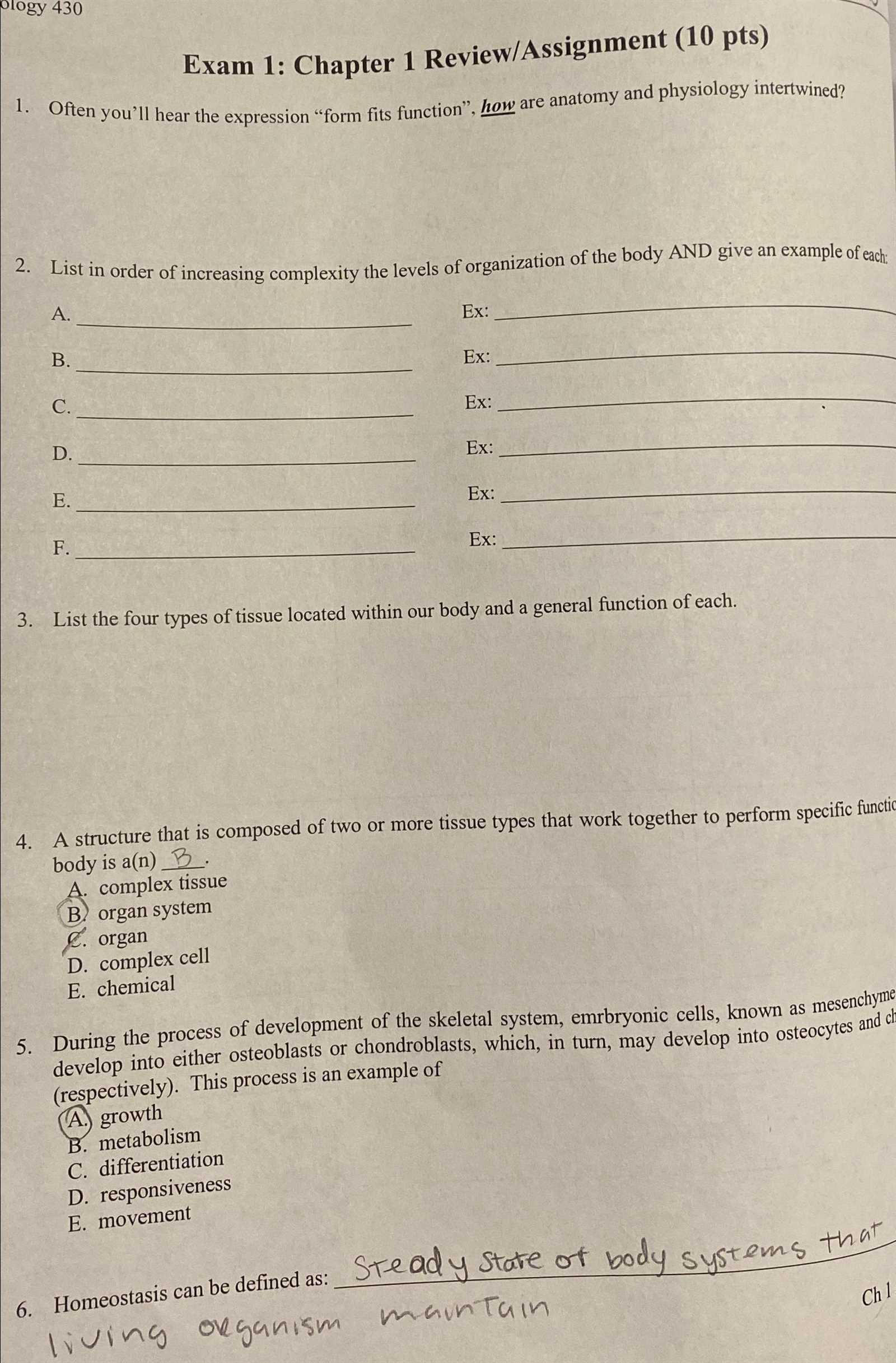 anatomy and physiology exam 1 answer key