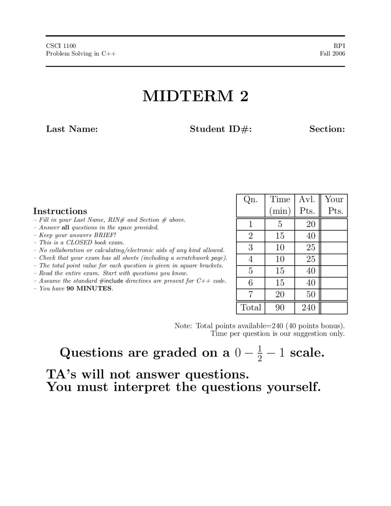 c++ midterm exam questions and answers